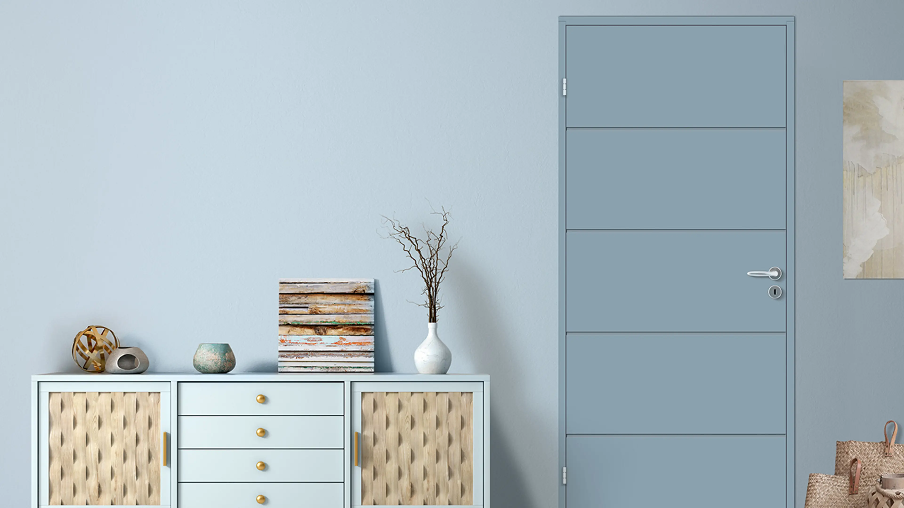 Moderne stue med blå vegg og innerdør fra Bygg1 i samme farge som veggen.