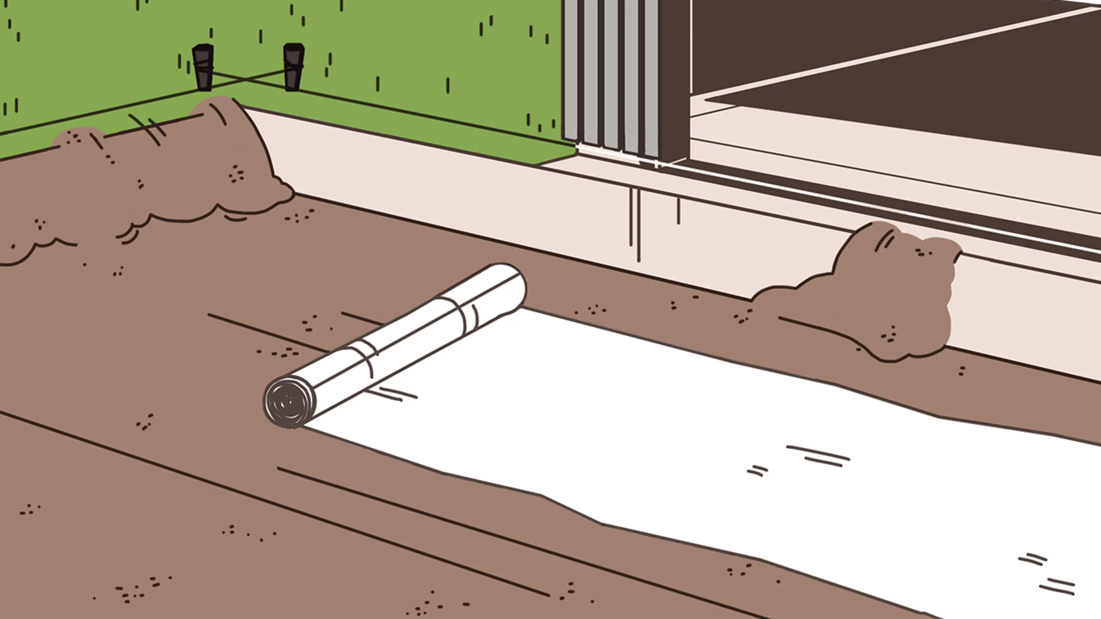 Illustrasjon som viser at du skal bruke fiberduk når du legger belegningsstein.