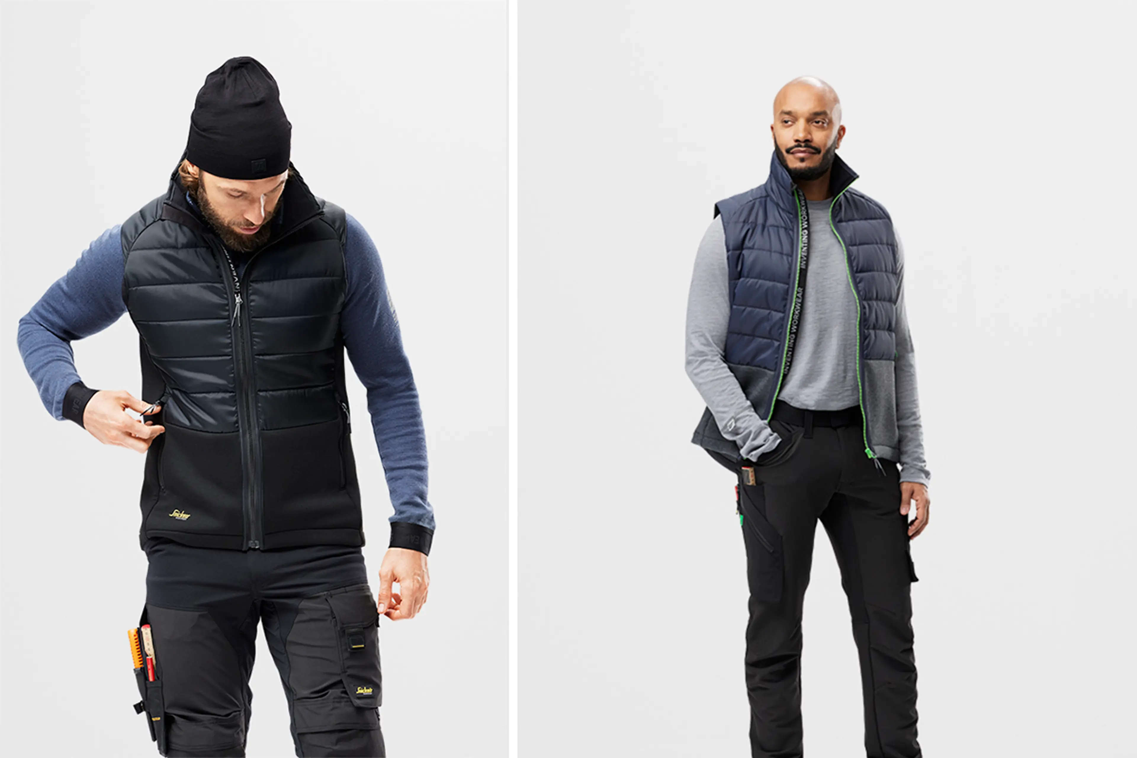 To mannlige modeller viser frem FlexiWork Hybridvest fra Snickers Workwear