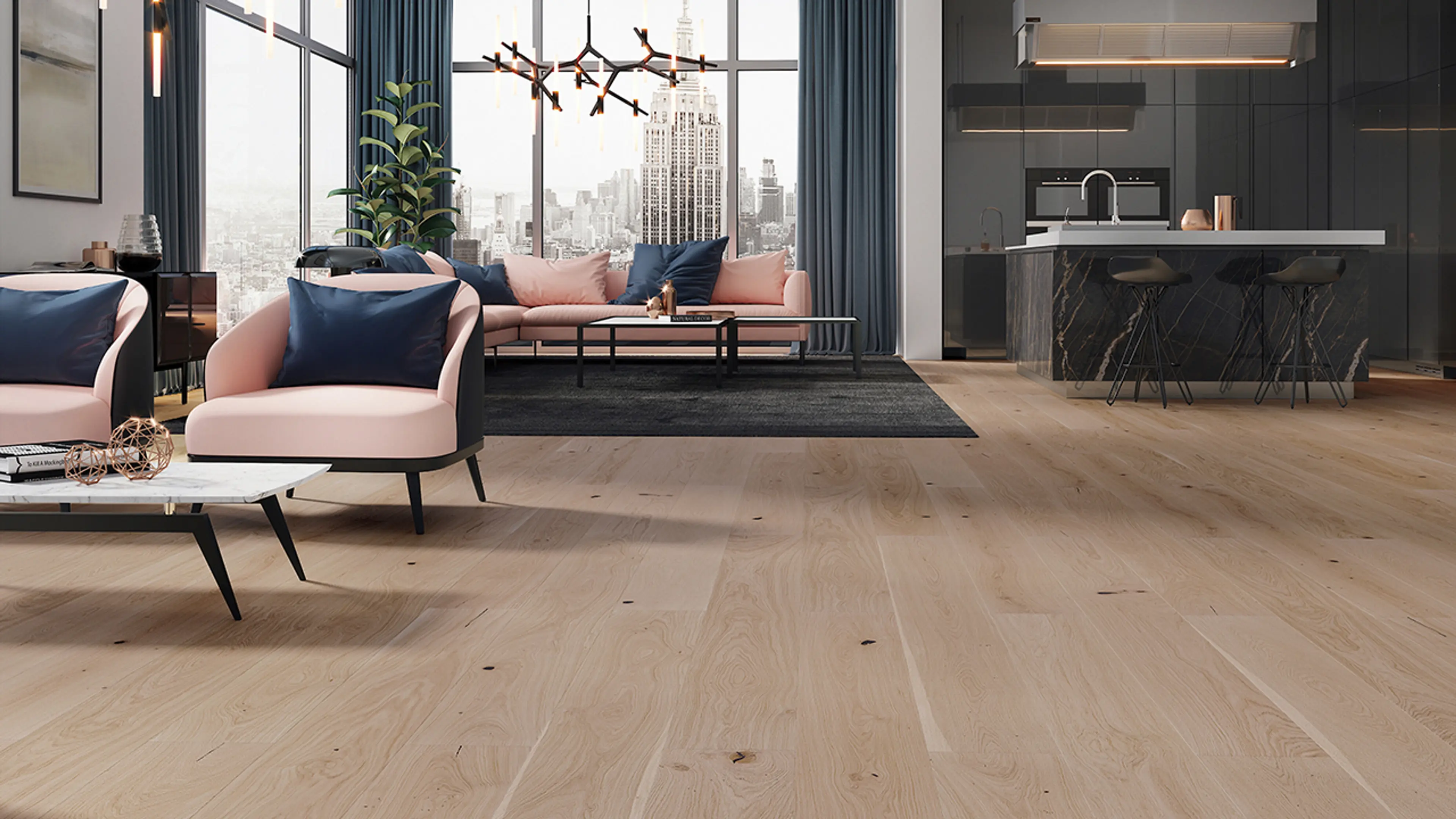 Åpen stue- og kjøkkenløsning med kjøkkenøy, rosa sittemøbler og Parkett Saga Natural gulv.