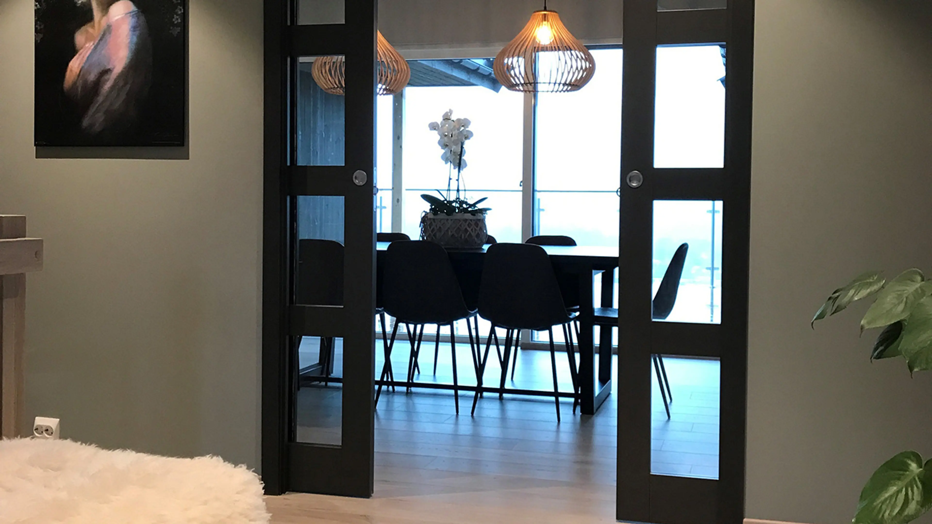 Swedoor svarte dører inne med glass og skyvefunksjon i et moderne hus.