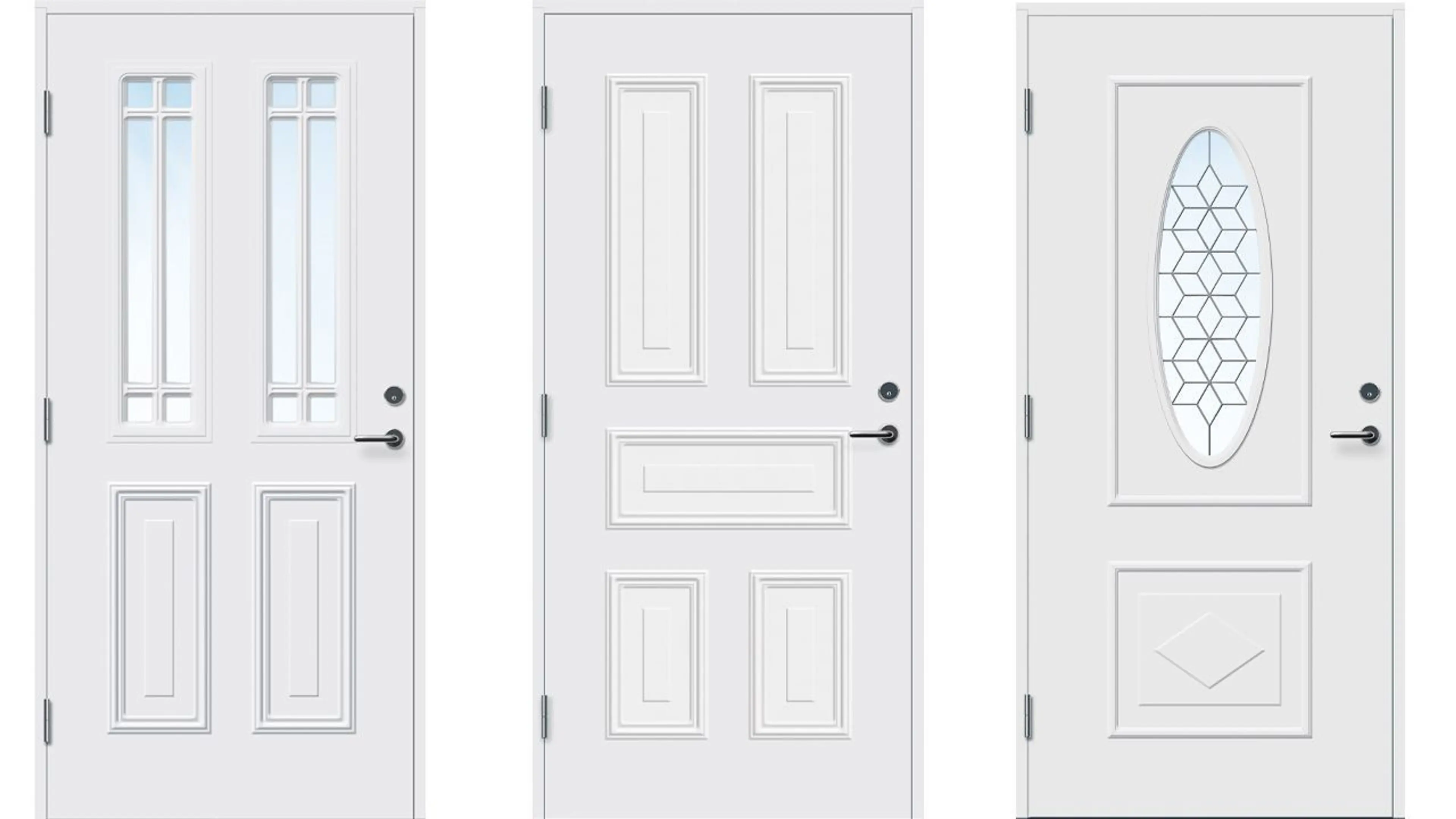 Tre hvite ytterdører i klassisk stil med glass og profil.