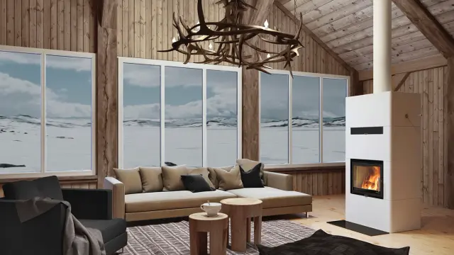 Hytte peis i stue med store vindusflater i stor trehytte med snø utenfor.