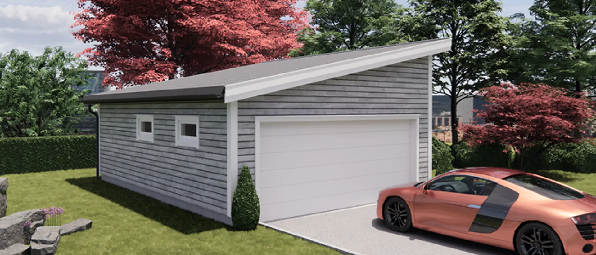 Garasje med stråtak og rød bil parkert utenfor