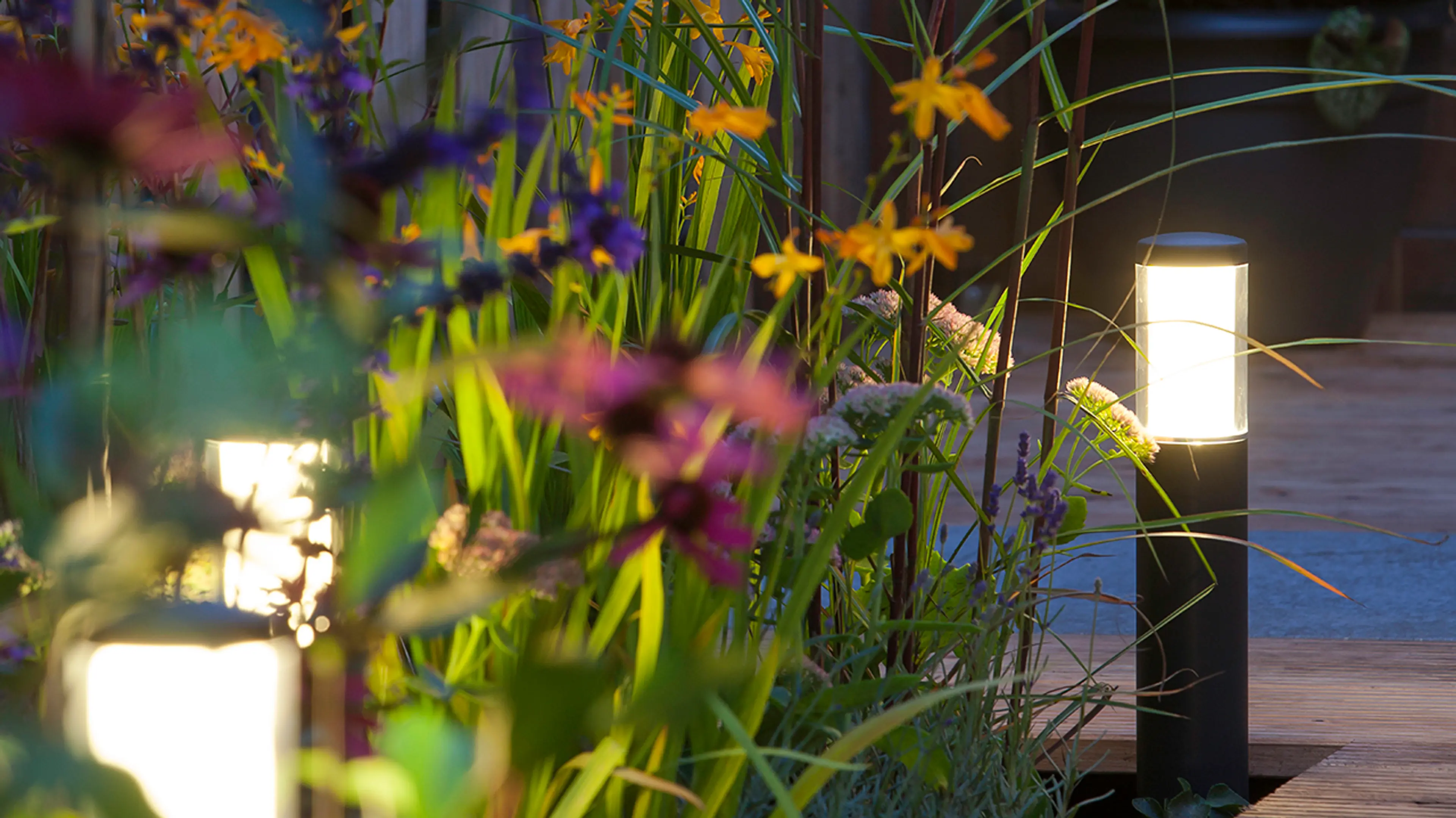 Blomsterbed som er opplyst med frittstående hagebelysning.