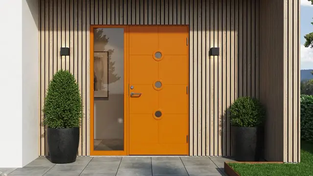 Moderne funkishus i mur med spiler, orange dør og sidefelt.
