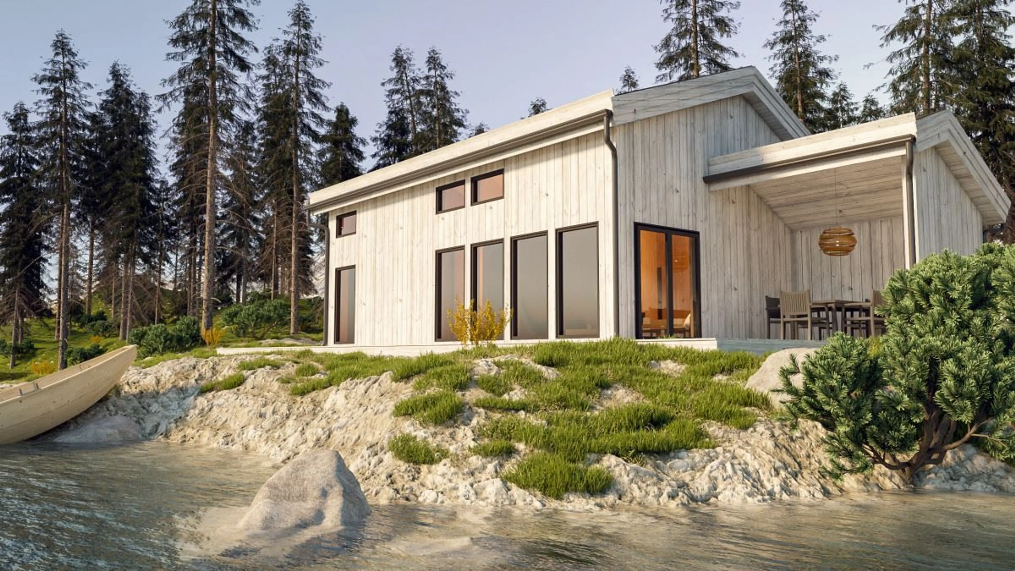 moderne hytte med store vindusflater