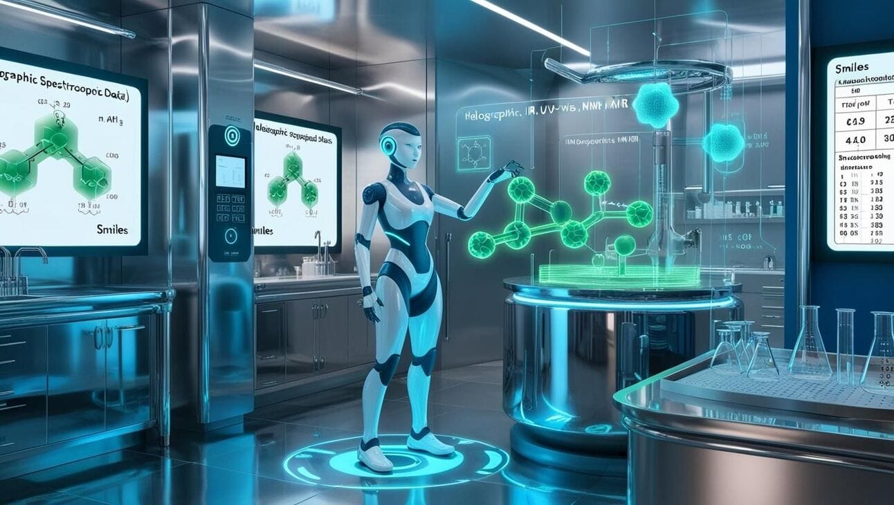AI agent analyzing molecules in smart pharma lab with NMR, IR, UV-Vis spectral data (CLAMS AI)