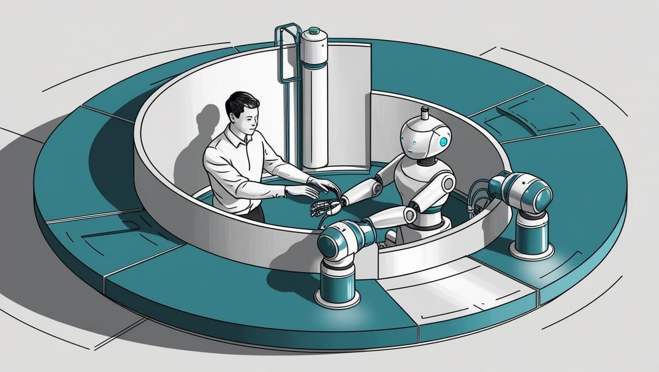 Human and AI agent working together in smart manufacturing, illustrating human-in-the-loop automation