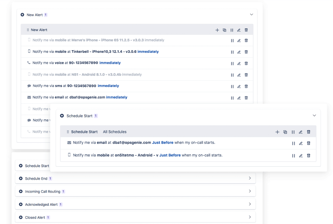 User alert preferences screen showing notification settings for SMS, email, mobile app, and on-call triggers