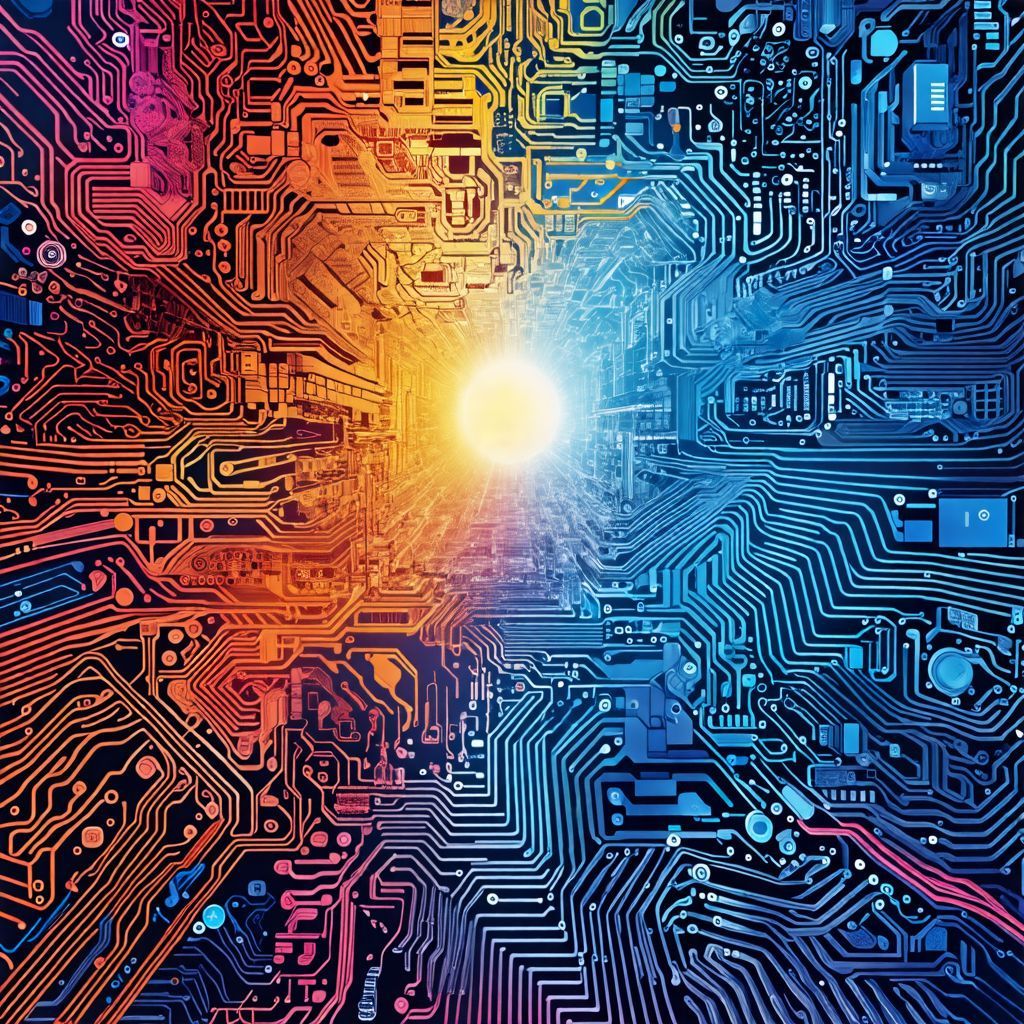 Abstract dual-tone circuit board representing AI ethics, evolution, and future technological impact