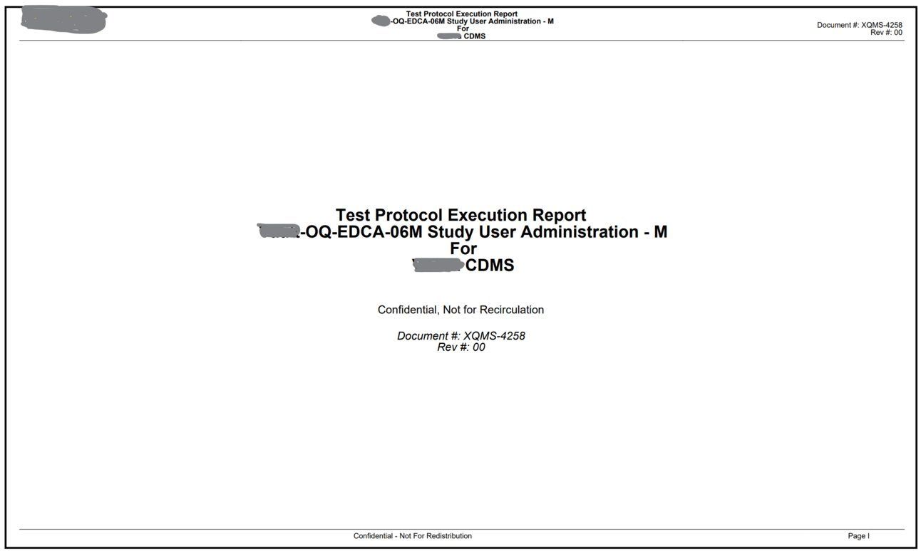 GxP-compliant test execution report for CDMS validation showing protocol metadata and results