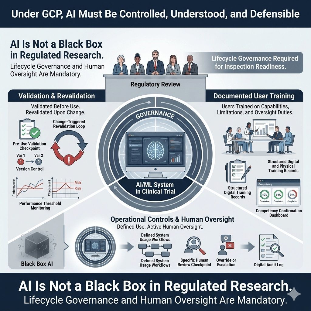 GCP requires AI governance, validation, user training, and human oversight in clinical trials