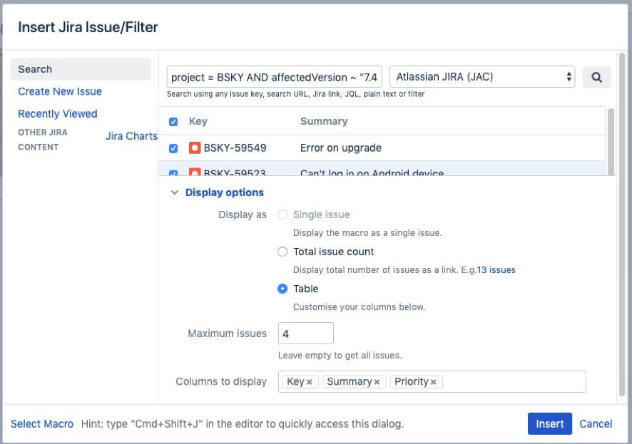 ContinuousDM JQL query interface with issue tracking, count summaries, and customizable reporting tables
