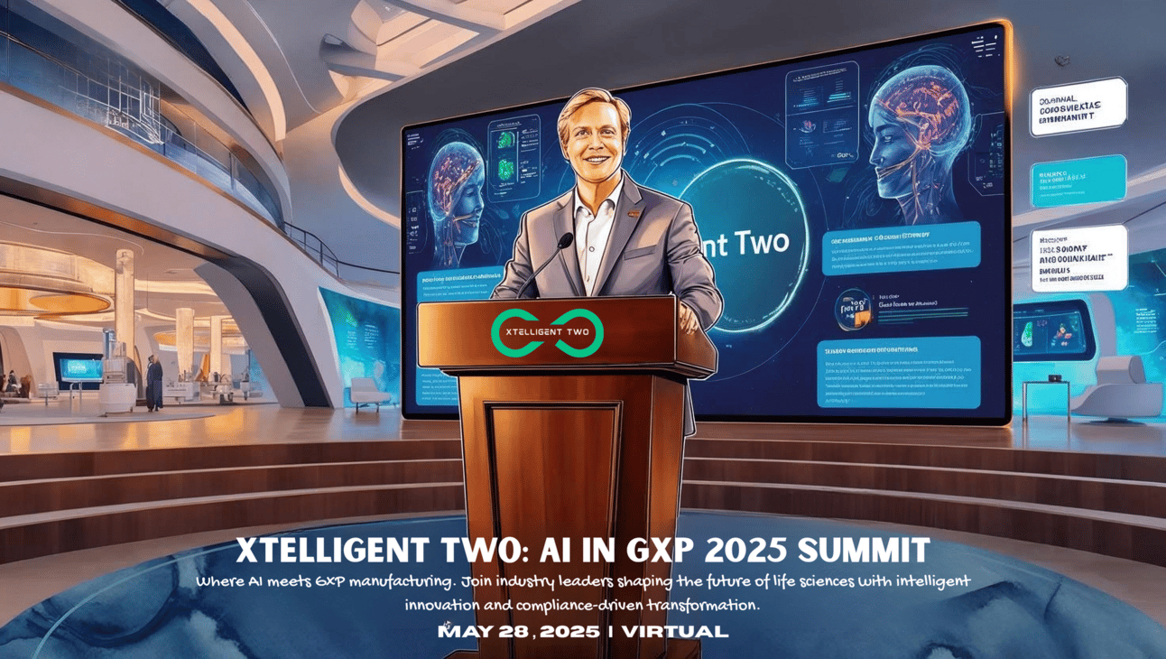 Futuristic keynote at xTelliGent Two 2025 with AI visuals, neural networks, and GxP manufacturing theme