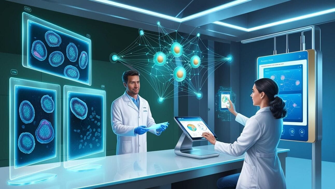 Researchers using AI and digital pathology to analyze cancer cells and neural outputs for diagnostics