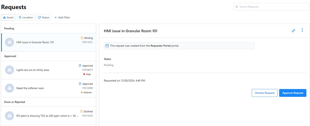 CMMS requests dashboard with status filters showing pending, approved, and declined requests