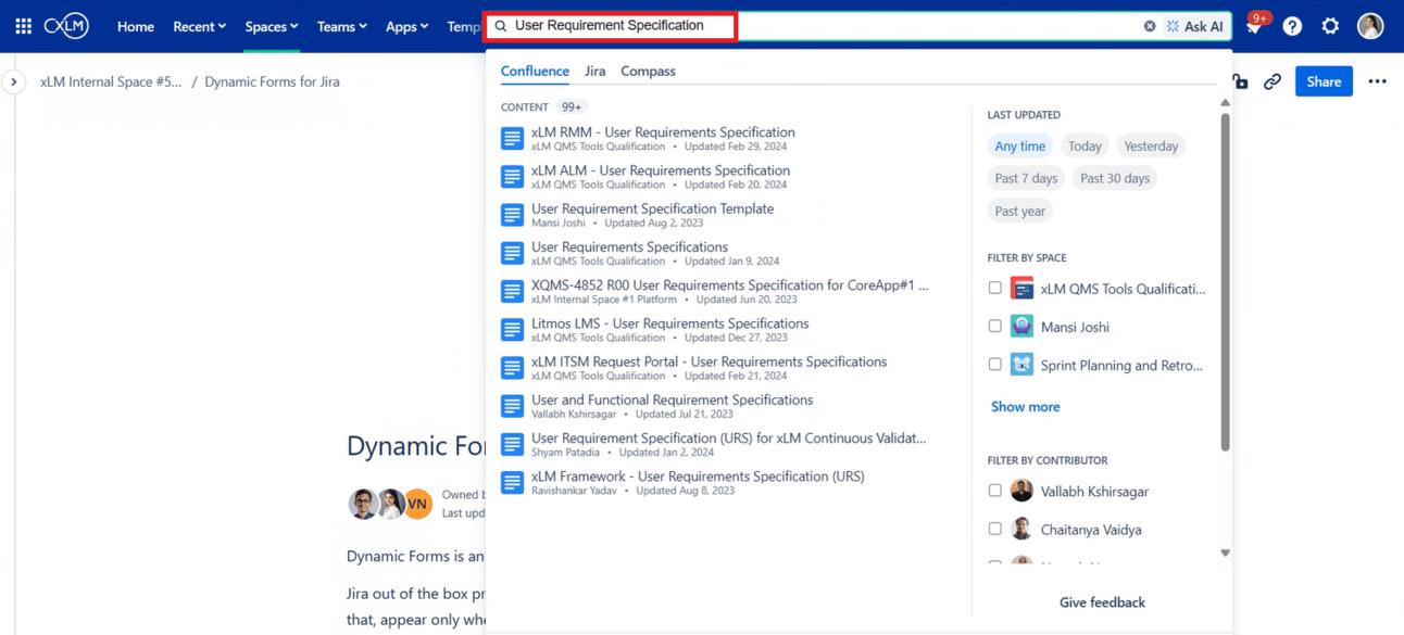 ContinuousDM search interface displaying user requirement specification results across documents and workspaces