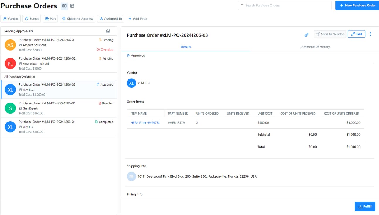 CMMS purchase orders dashboard with vendor info, costs, and item details for maintenance approval