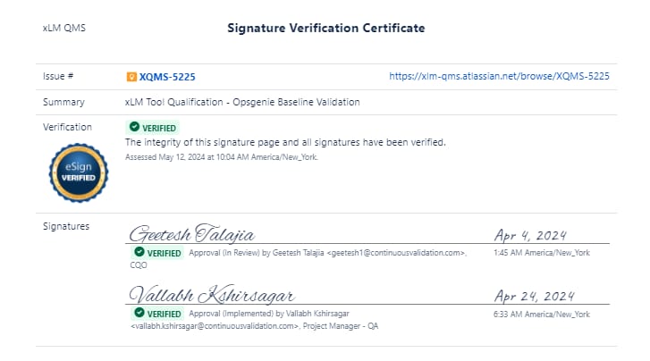 Signature verification certificate showing QA approval for xLM Tool Qualification