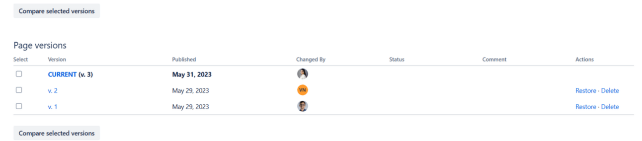 ContinuousDM version history view showing document revisions, authors, timestamps, and restore options