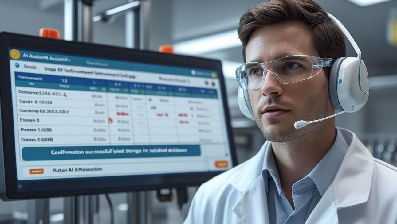 Lab technician using AI system with headset to log compliant, audit-ready data entries