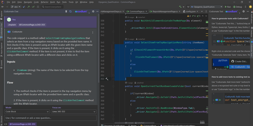 CodiumAI in VS Code displaying AI-generated code insights, test suggestions, and validation support