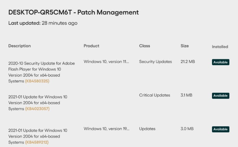 Automated patch management dashboard showing GxP IT asset compliance status and security update tracking