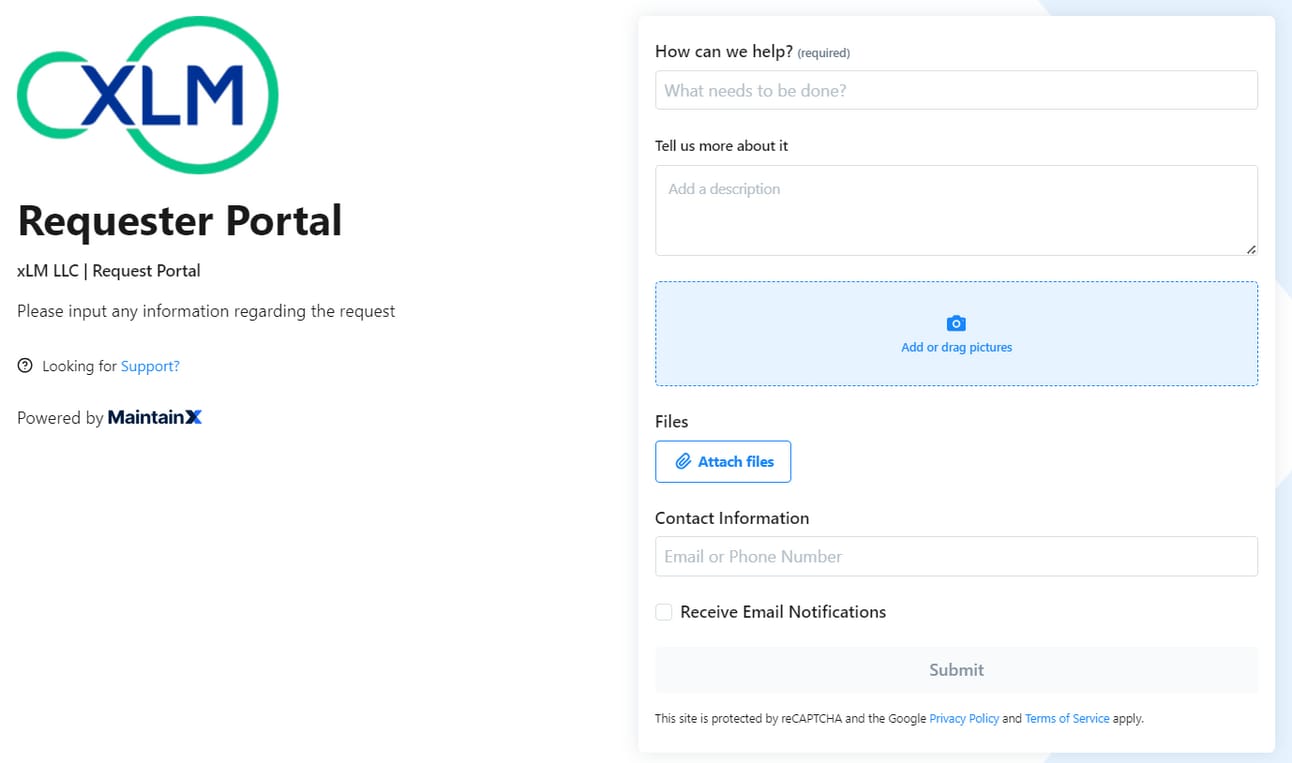 xLM CMMS request form with file upload and contact fields for maintenance ticket submission