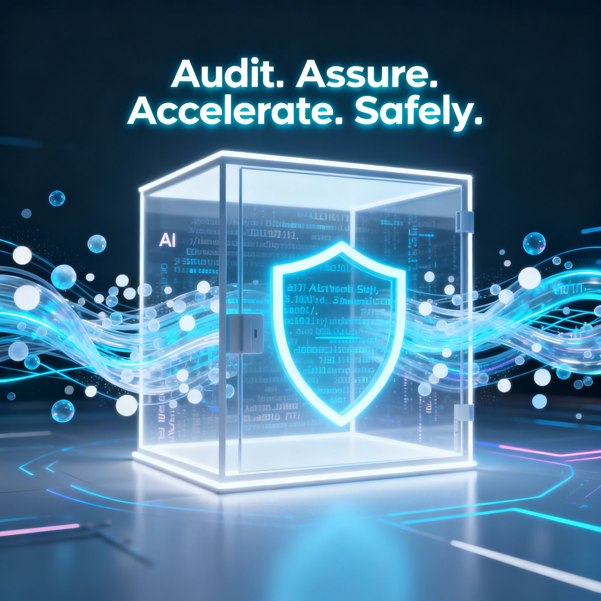 Digital shield inside a glass cube symbolizing secure, validated, and compliant AI acceleration