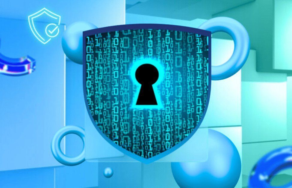 Digital shield with keyhole over binary background symbolizing GxP code security and compliance