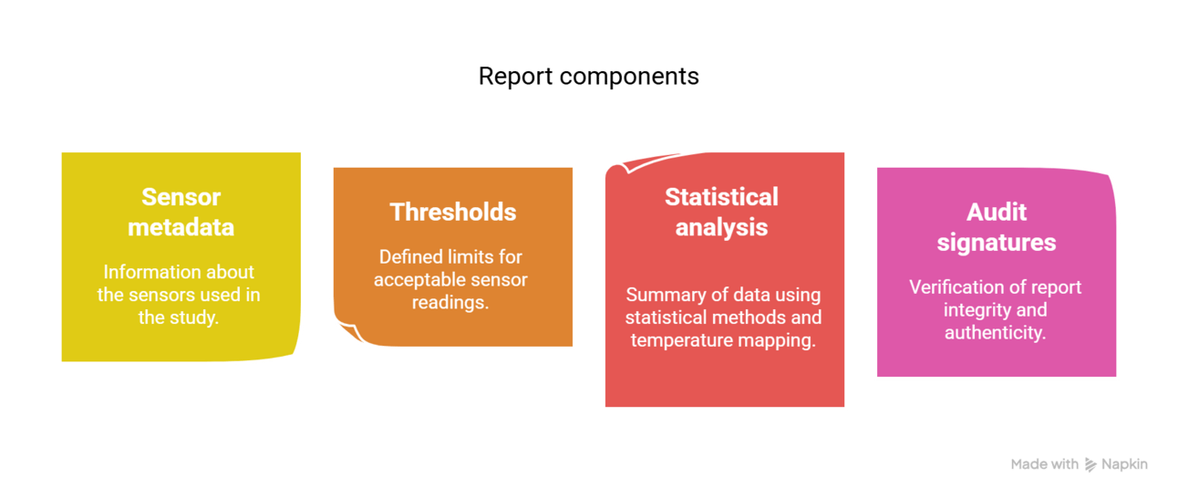 Report components: sensor metadata, thresholds, statistics, and audit signatures