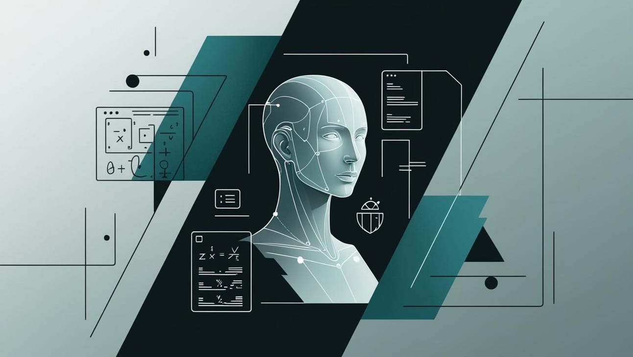 Futuristic humanoid AI analyzing mathematical data, code, and predictive analytics