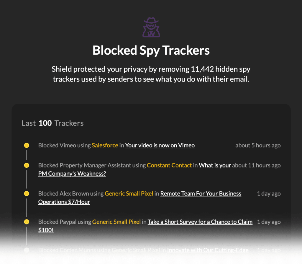 Shield dashboard blocking email tracking attempts with source details, detection times, and privacy protection