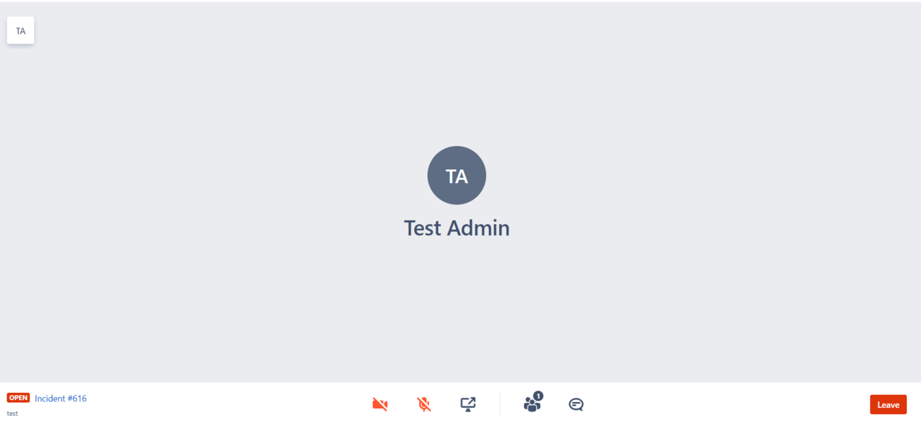 Video call screen during active incident showing Test Admin leading real-time resolution and team coordination