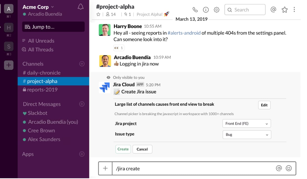 Slack integration with Jira Cloud for creating issues, selecting projects, and managing work requests