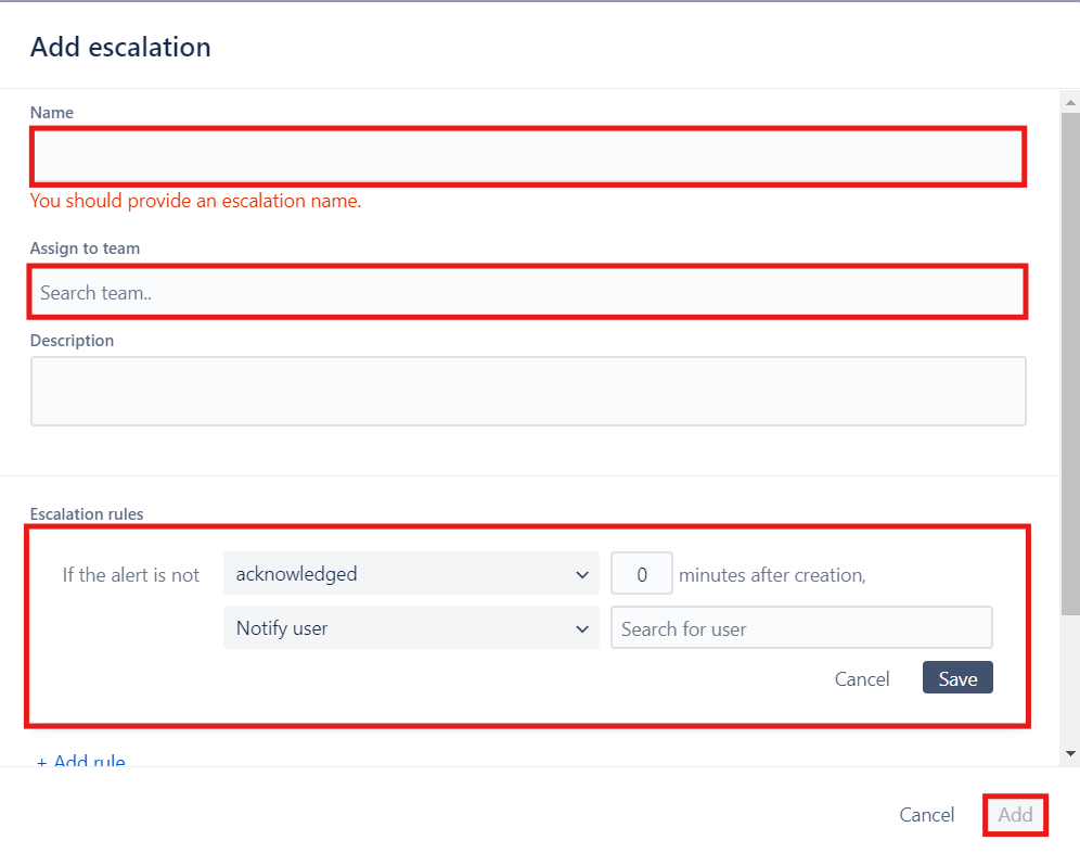 ContinuousITOM escalation rules configuration form with required fields for defining alert workflows and policies