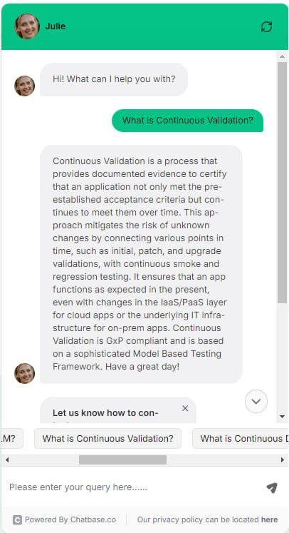 Chatbot Julie displaying xLM managed services including validation, data integrity, and AI-powered insights
