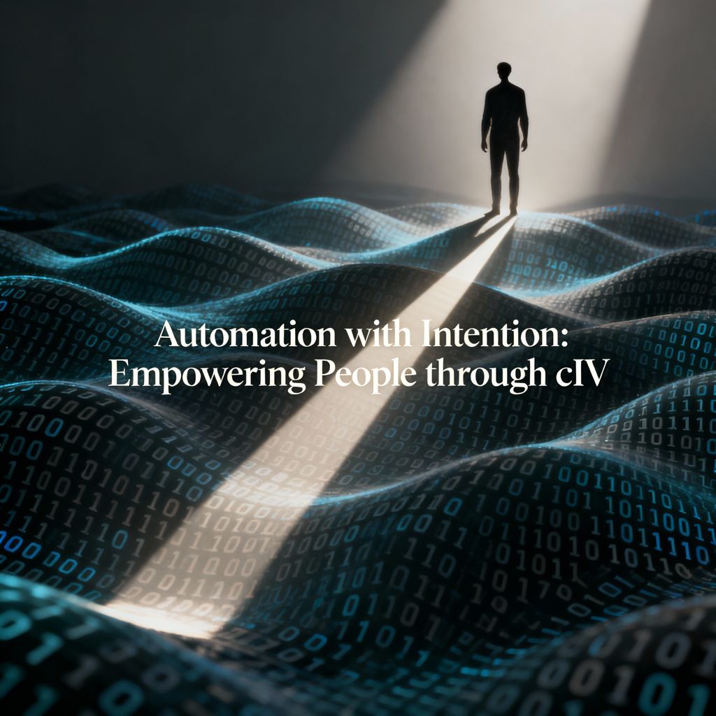 Person walking through digital waves toward light, symbolizing purposeful AI-driven empowerment