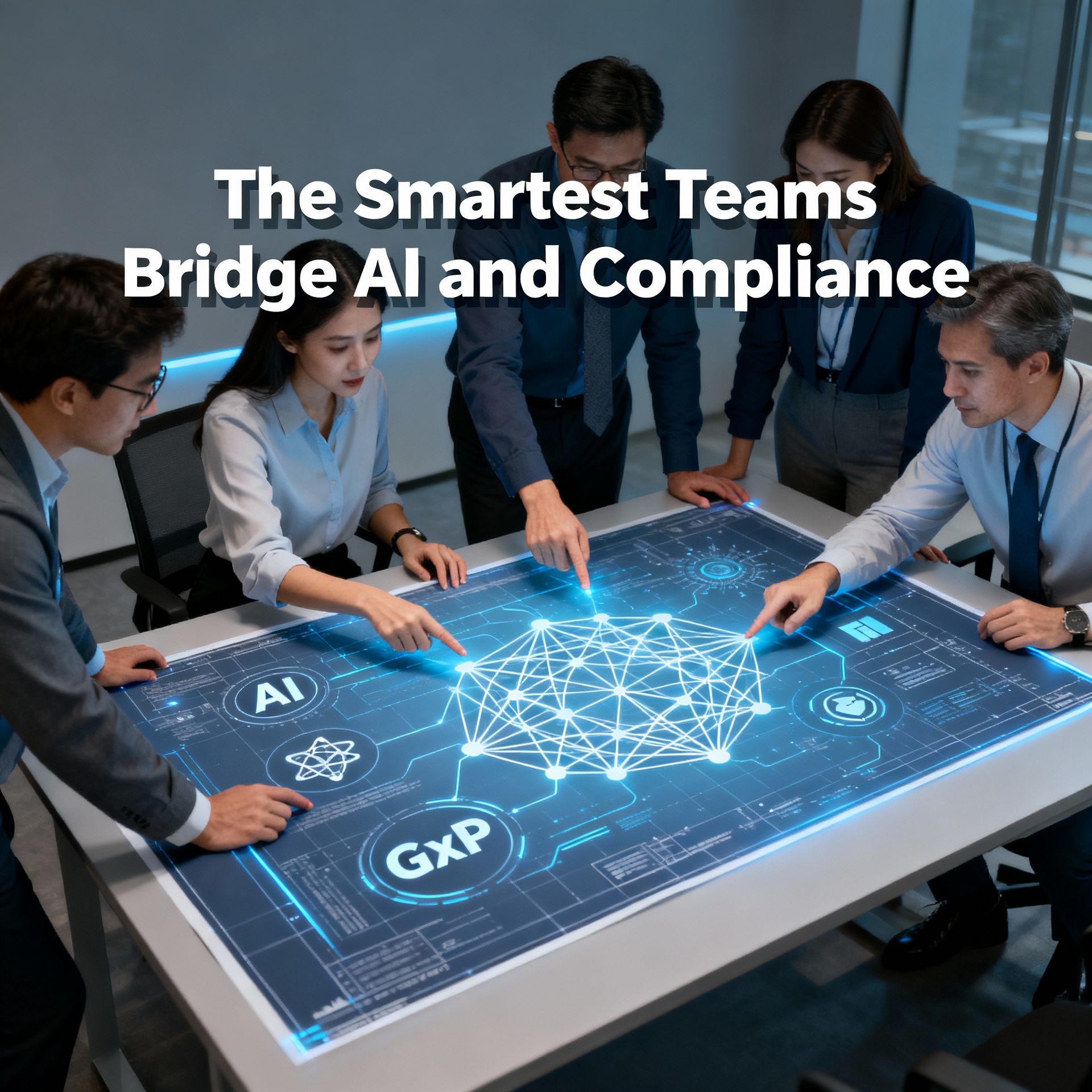 AI and GxP experts collaborating around a digital touch table, connecting compliance and AI-driven pharma innovation.