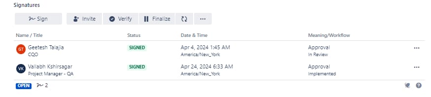 Digital signatures with roles, timestamps, and approval status for workflow execution