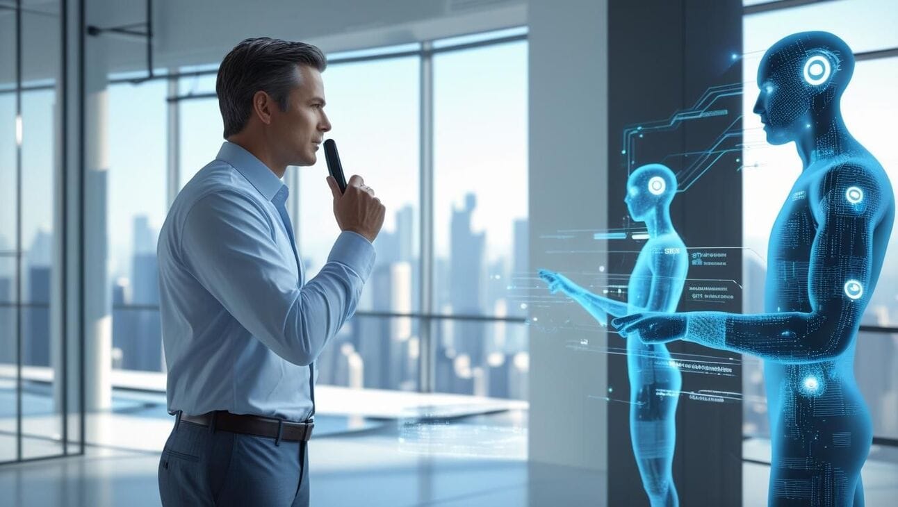 Businessman using voice assistant to interact with AI for digital change control automation