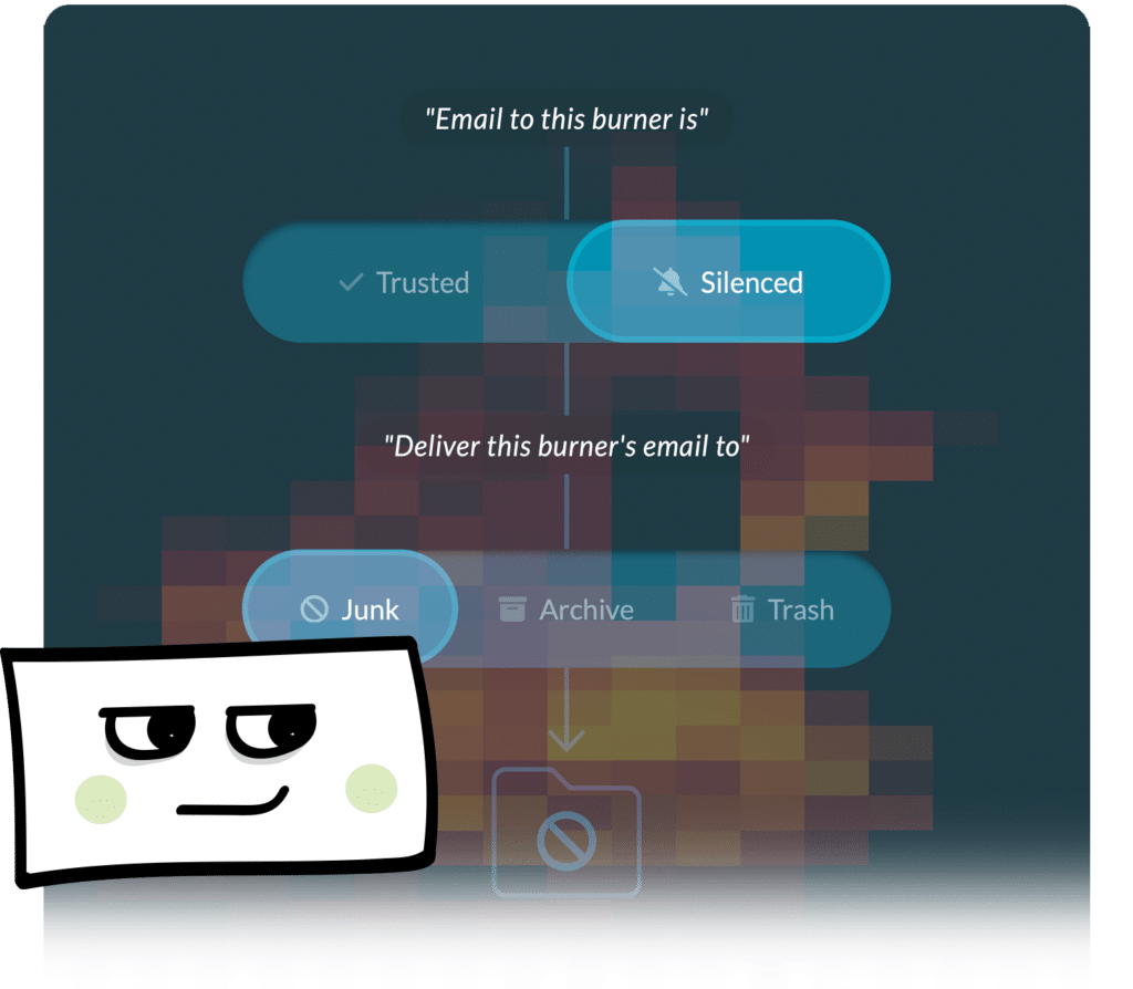 Email burner address management interface with trusted, silenced, junk, archive, and trash controls