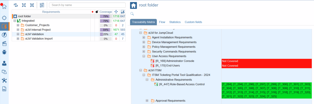 Traceability matrix in ContinuousALM linking requirements, test cases, and validation coverage status