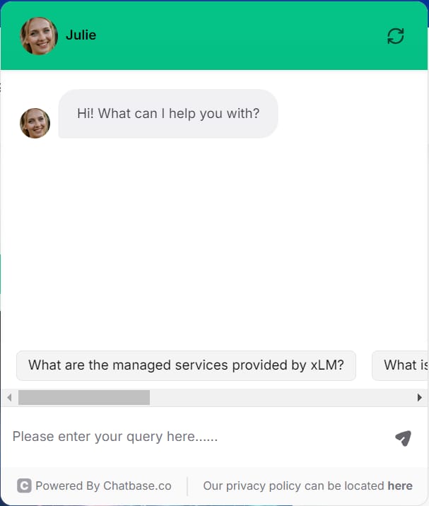 xLM chatbot Julie welcoming users and assisting with GxP-compliant service inquiries and support interactions