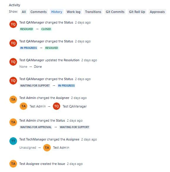 Audit log showing ticket changes, user updates, and action history over time