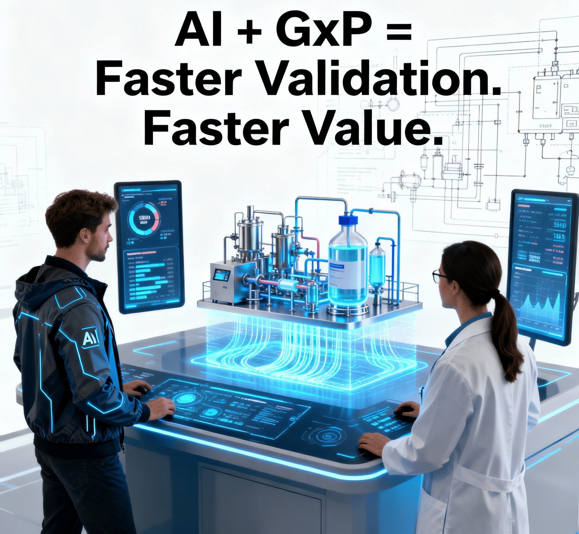 Two professionals using AI technology with holographic pharma equipment showing faster GxP validation process
