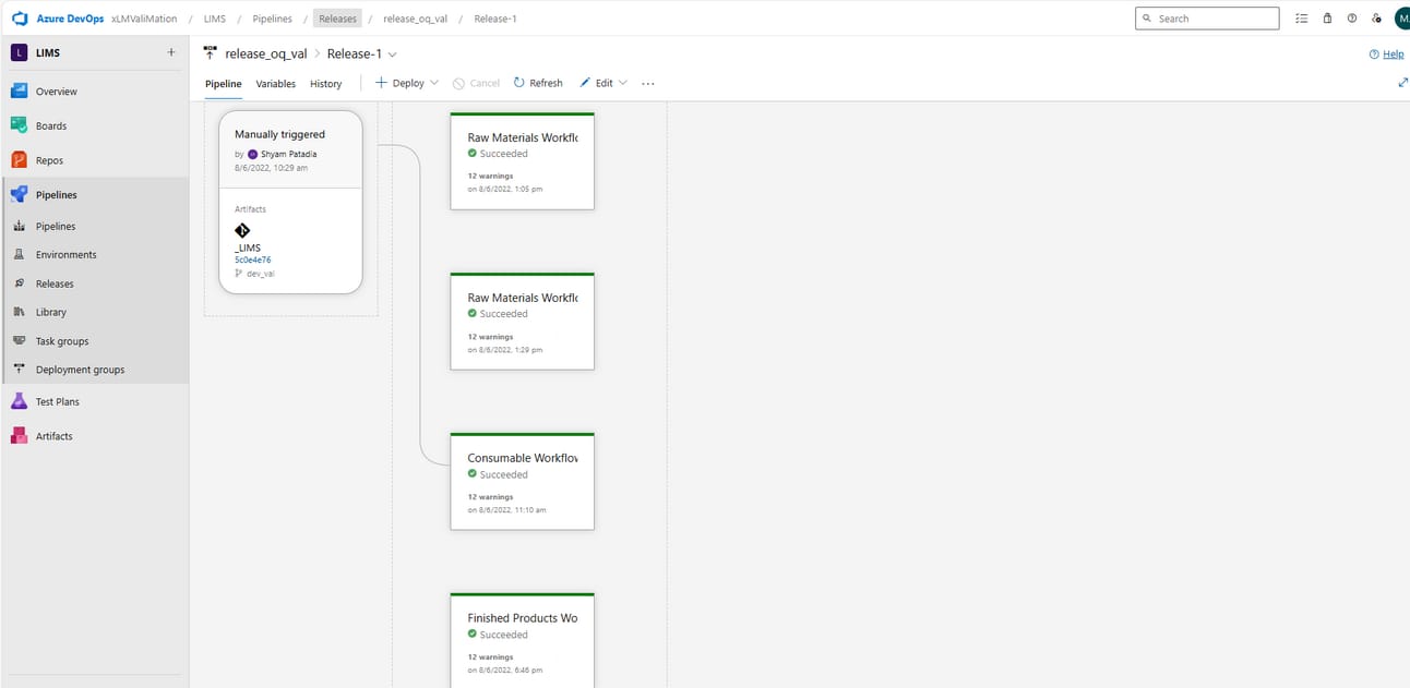 Azure DevOps release pipeline for LIMS validation showing successful GxP-compliant workflow deployments