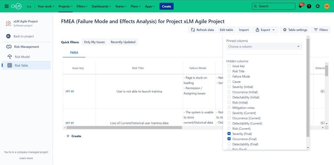 Customizable risk table with sorting and filtering tools for pharmaceutical validation project management.