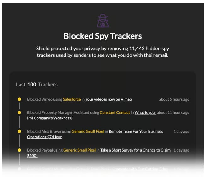 Email spy tracker blocking by Shield showing removed hidden trackers for user privacy compliance